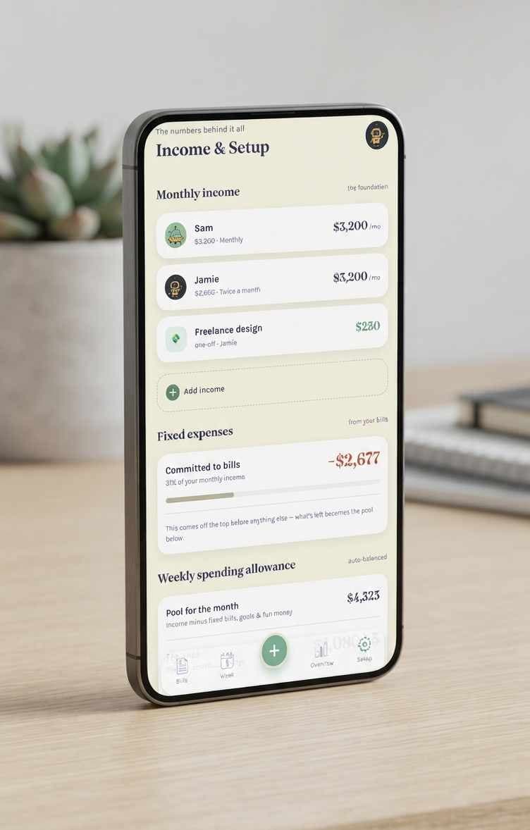 OurDollar's Income & Setup screen on a phone, showing monthly income, fixed expenses, and the weekly spending allowance